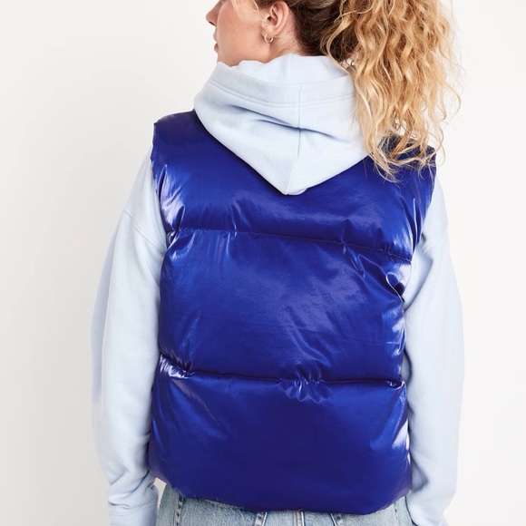 NWOT Old Navy Womens XS Blue Shiny Puffer Vest Water Resistant Quilted Zip Up - Picture 3 of 10